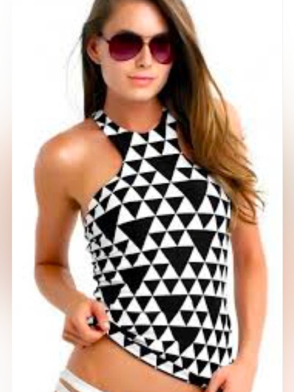 Seafolly Costa Maya High Neck Black & White Triangle Halter Tankini Padded Small